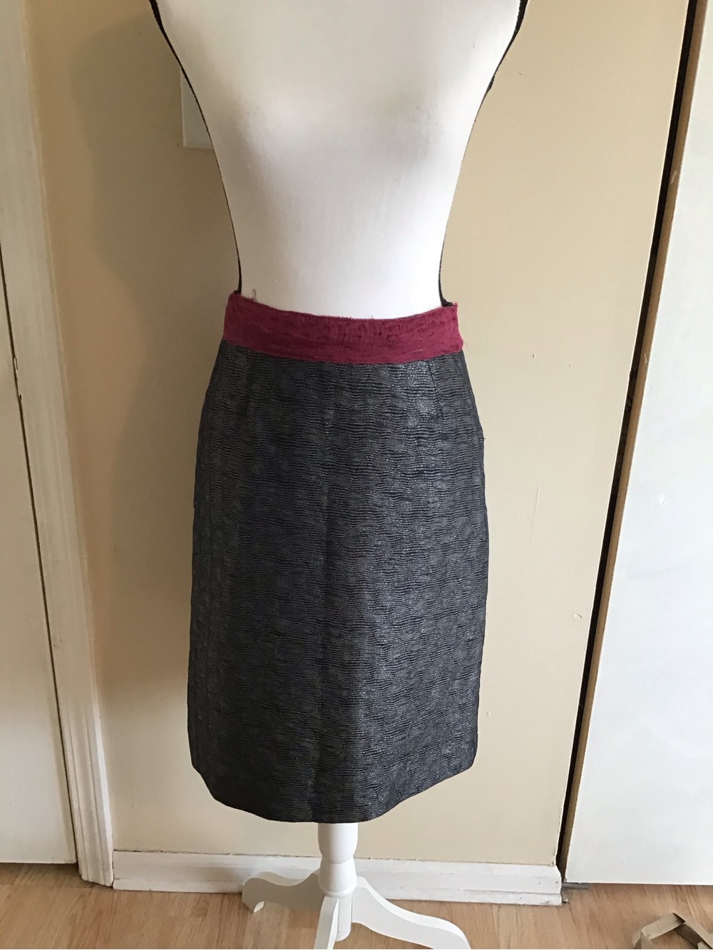 Miu Miu Gray Pencil Skirt with Berry Waistband